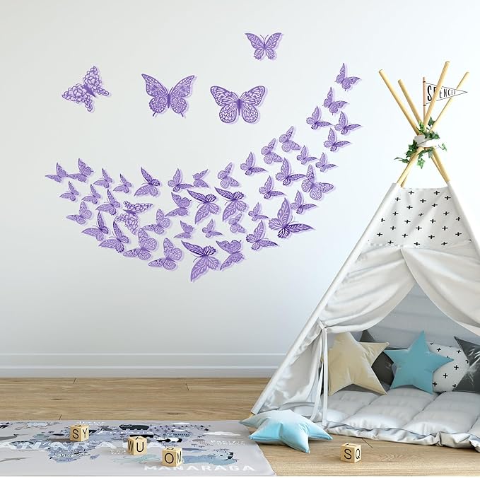 3D Butterfly Wall Decor 3 Sizes 4 Styles Butterfly Party Decorations Cake Decorations Removable Stickers Wall Decor Room Mural Metallic Kids (Purple, 48Pcs)