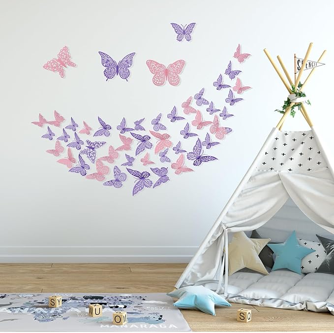 3D Butterfly Wall Decor 3 Sizes 4 Styles Butterfly Party Decorations Cake Decorations Removable Stickers Wall Decor Room Mural Metallic Kids (Purple+Pink, 48Pcs)