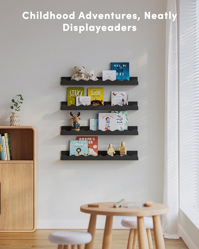 Kids' Bookshelf Set of 4 - Black Floating Nursery Book Shelves, Picture Ledge Shelf for Wall Decor and Storage - Perfect for Books, Toys, Photo Frames, and Nursery Décor