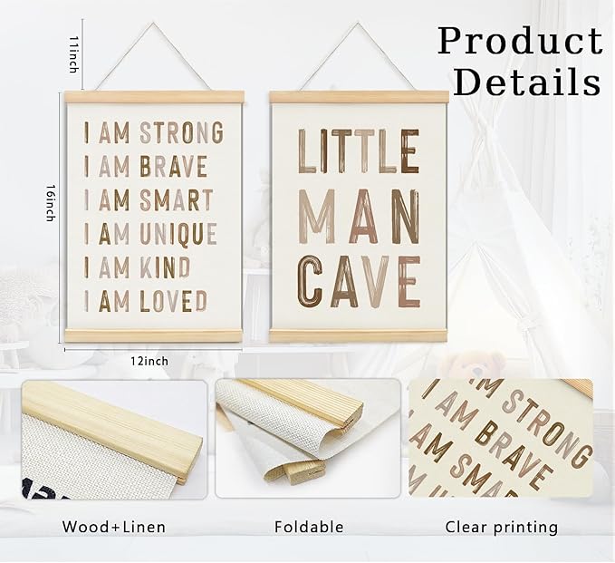 ULEGIE Boy Nursery Decor Posters Framed with Wood Hanger, Little Man Cave Sign for Boys Kids, Boys Room Decor, Toddler Room Decor, Art Prints for Nursery Playroom Bedroom, 2 Pack 12 x 16 Inches-Brown