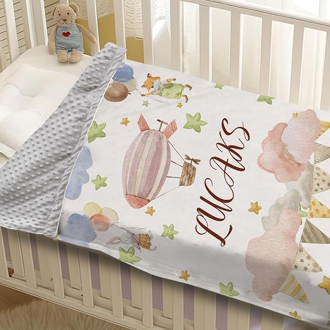 Personalized Baby Blanket for Girls, Custom Name Blanket for Newborn New Mom , Soft Flannel with Double Layer Dotted Backing, Gifts for Baby Shower Christmas Birthday, Hot Air Balloons(47"x60)