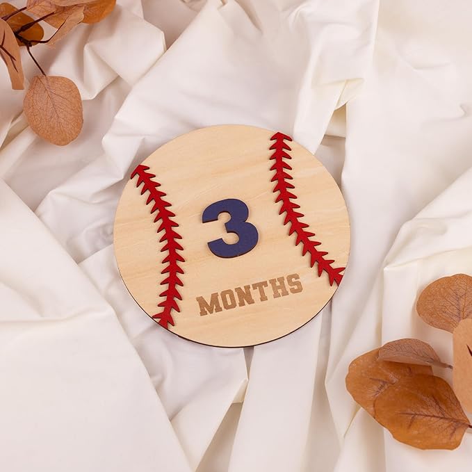 Wooden 3D Baby Monthly Milestone Cards Monthly Milestone Discs Newborn Photography Props Baby Announcement Sign Baby (Baseball)
