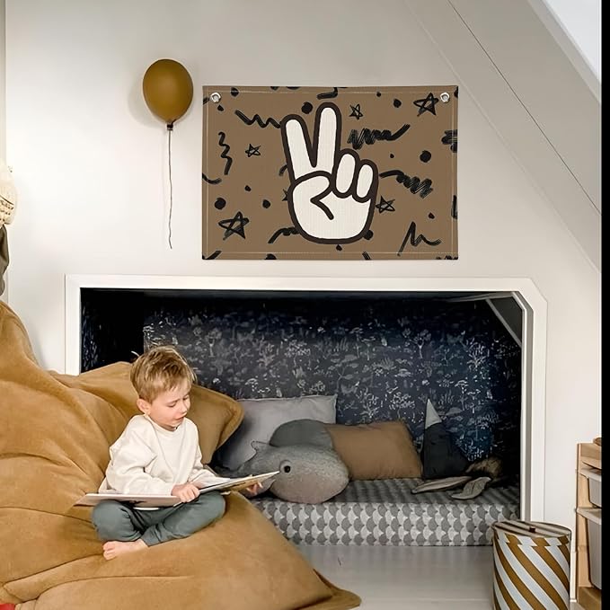 Boys Room Playroom Nursery Decor, Peace Hand Linen Banner Wall Hanging Flag, Retro Preppy Boys Gifts for Boy Room Dorm Decor 20x30