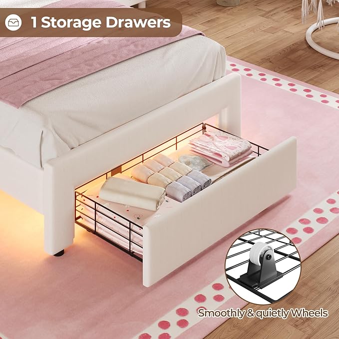 BTHFST Twin Size Girl Bed with Storage Drawer & LED Lights, Upholstered Platform Bed, Adjustable Headboard with Velvet Crystal Button Princess Bed, Wood Slats Support, No Box Spring Needed, Beige
