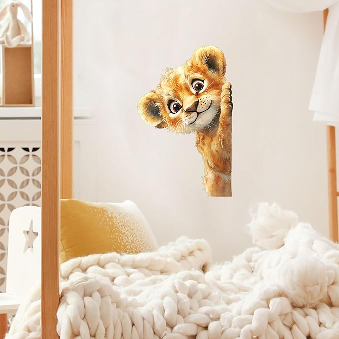 Baby Lion Wall Decals Removable Cartoon Animal Cub Peeking Vinyl Stickers for Nursery Living Room and Kids Playroom Jungle Theme Decor Peel and Stick Wall Art