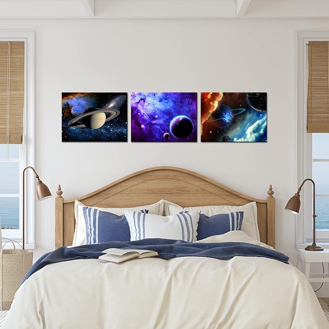 iKNOW FOTO 3 Piece Canvas Prints Galaxy Stars Abstract Space Wall Art Elements of This Image Modern Home Decor Stretched and Framed Ready to Hang for Kids Room Decor 12x16inchx3pcs