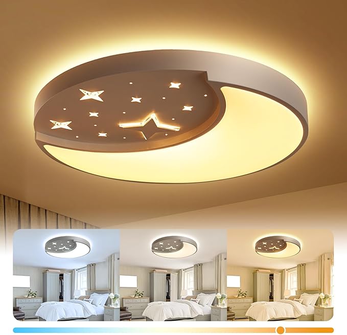12 Inch Ceiling Light Fixtures, Creative Moon & Star Bedroom Ceiling Lights, 3 Color Temperature Selectable, Dimmable Ceiling Lights for Bedroom,Kids Room Kitchen Dining Room，Round White
