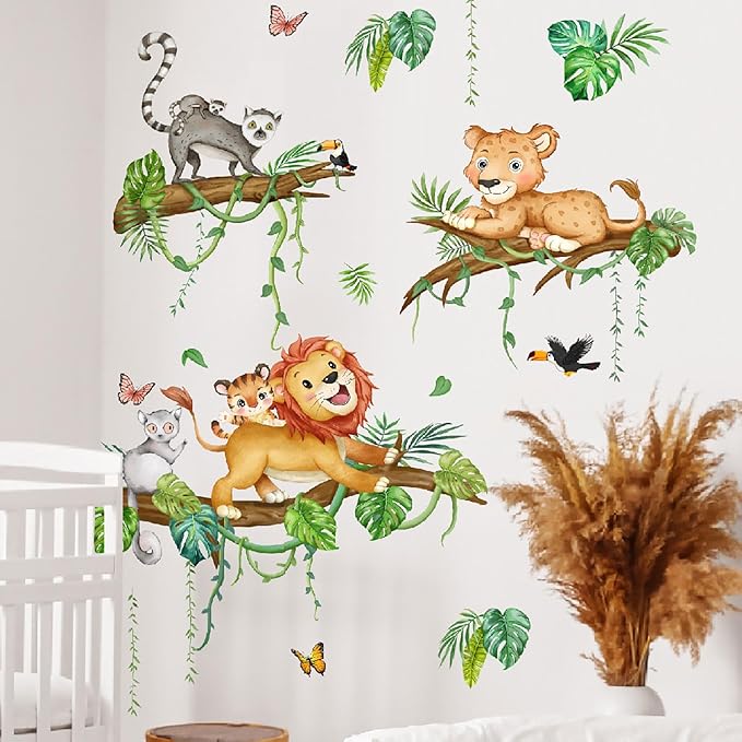 Jungle Animals Wall Decals - Peel & Stick Lion Leopard Climbing Tree Cartoon Wall Stickers for Nursery Kids Bedroom Playroom Classroom Decor
