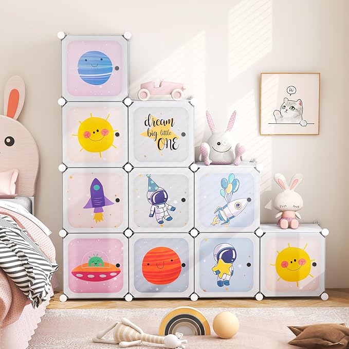 INFANS Children Wardrobe, Kid Closet Portable Baby Dresser Cute for Kids Bedroom Nursery Armoire with Doors 12 Cube 2 Hanging Sections, Kid Clothes Storage Organizer (White, 12 Cubes)