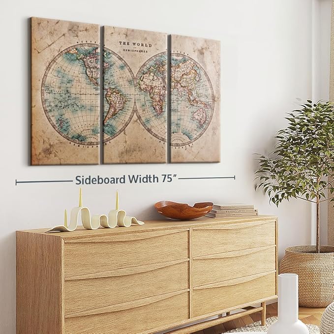 ElephantStock Hemisphere Map Wall Art Multi Piece Canvas - 3 Piece Canvas World Map Wall Decor - Wall Decor Print - Vintage Wall Art - 65" X 42"