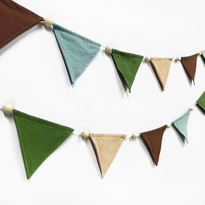 2 Sets of Green Brown Beige Wood Beads Pennant Banner 20pcs Flags Nursery Garland Fabric Linen Triangle Streamers for Kids Jungle Woodland Camping Birthday Party Decorations Baby Shower Bedroom Decor