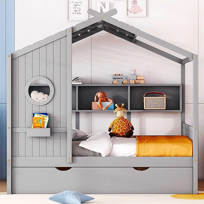 Full Size House Bed with Roof and Window for Kids, Wooden Playhouse Bed with Storage Shelves and Trundle for Bedroom Furniture Girls & Boys (Grey/T2)