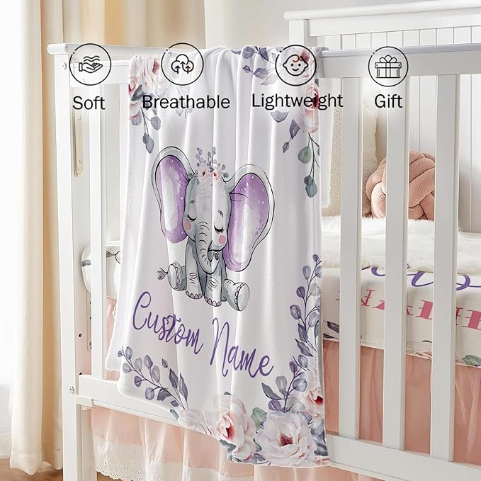 Custom Baby Crib Bedding Set - Light Purple Elephant Design Personalized Name Baby Nursery Bedding 3 Pcs Set - Chic Soft Blanket, Fitted Sheet, Room Rug for Newborns Boys Girls Gifts
