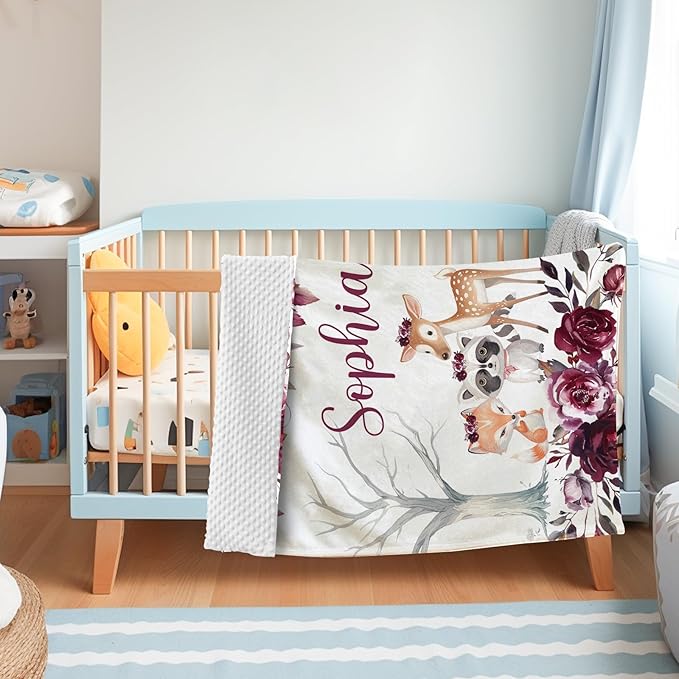 Custom Baby Blanket with Name, Double Layer Soft Dot Back Personalized Baby Blanket for Boys Girls, Woodland Blanket for Newborn Toddler, Customized Swaddle for Kids Birthday Gifts(60" x80)