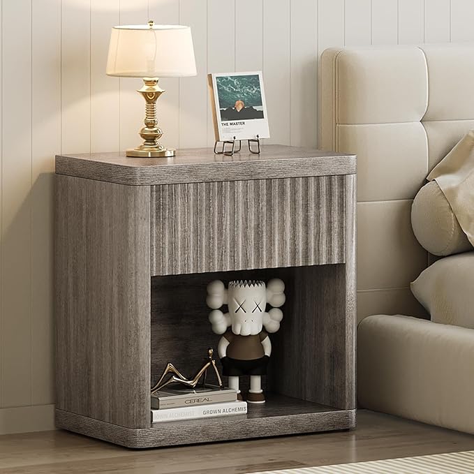 Night Stand Fluted Nightstand with Drawers, Wood Bedside Table with Storage Shelf, Bed Side Table for Bedroom, End Tables Living Room, Modern Nightstands Night Stands, Sofa Side Tables, Grey
