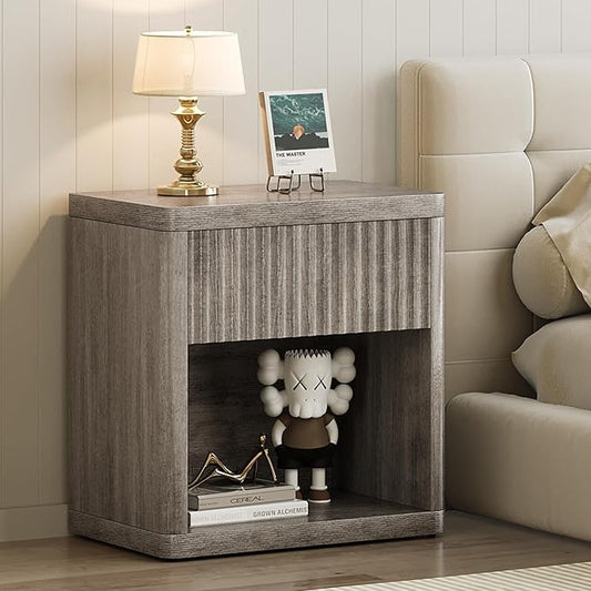 Night Stand Fluted Nightstand with Drawers, Wood Bedside Table with Storage Shelf, Bed Side Table for Bedroom, End Tables Living Room, Modern Nightstands Night Stands, Sofa Side Tables, Grey