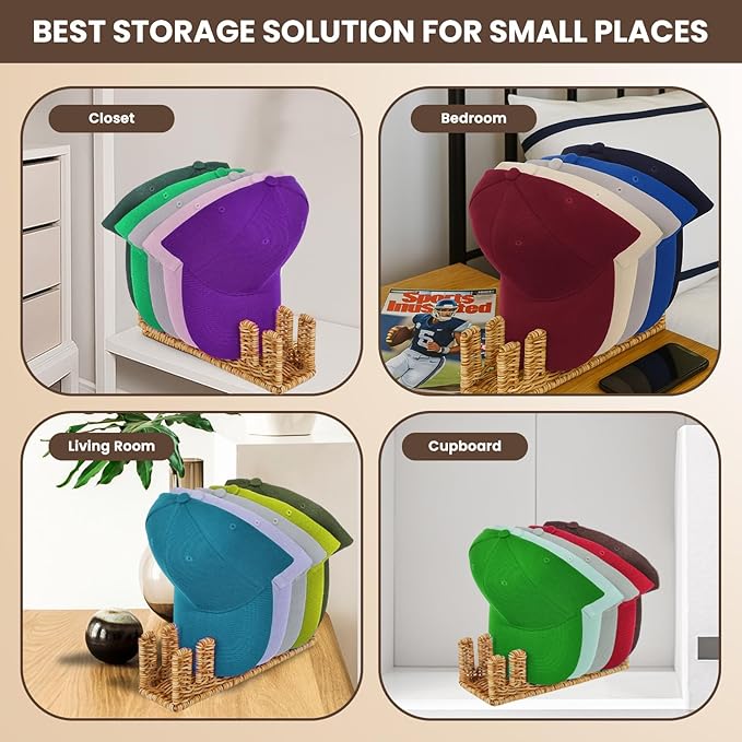 Synthetic Rattan Hat Organizer for Baseball Caps – Holds 14 Snapbacks, Trucker & Flat Brim Hats – Stylish Freestanding Display & Storage Rack for Closet, Bedroom, Entryway (2-Pack, Natural)