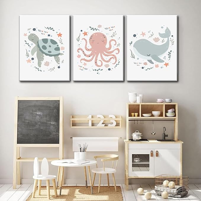 Wodkwq Ocean Nursery Decor,Nursery Wall Decor,Kids Bathroom Decor,Under The Sea,Boys Room Sea Animal Wall Art Picture Canvas Prints Set of 3,Bedroom 12x16 Inch Framed