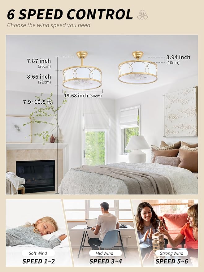 20" Gold Fandelier Ceiling Fan with Light, Fabric Boho Chandelier Ceiling Fans with Lights Remote Control, Mid-Century Modern Caged with 6 Speeds for Bedroom, Nursery (FS-BG01)