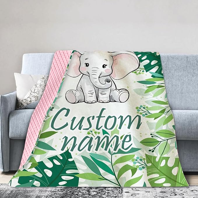 Personalized Baby Blankets for Girls, Custom Name Green Elephant Baby Blanket, Soft Receiving Blanket for Newborns and Toddlers, Ideal for Baby Showers and Nursery Decor
