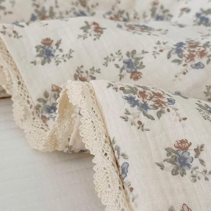 BuLuTu French Country Blue Floral Quilted Blanket with Lace Edges, Muslin Cotton Toddler Bed Baby Crib Comforter Girls Boys Nursery Decor, 47"x59", Soft Lightweight, Ballon Flower Print