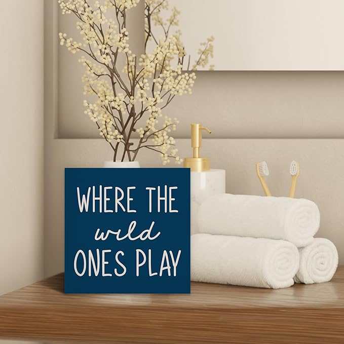 Where The Wild Ones Play Navy Blue Wood Box Sign Desk Decor 5X5, Nursery Kids Room Wooden Block Sign Decorations for Playroom Toddler Boys Girls Room Wall Tabletop Shelf Decor