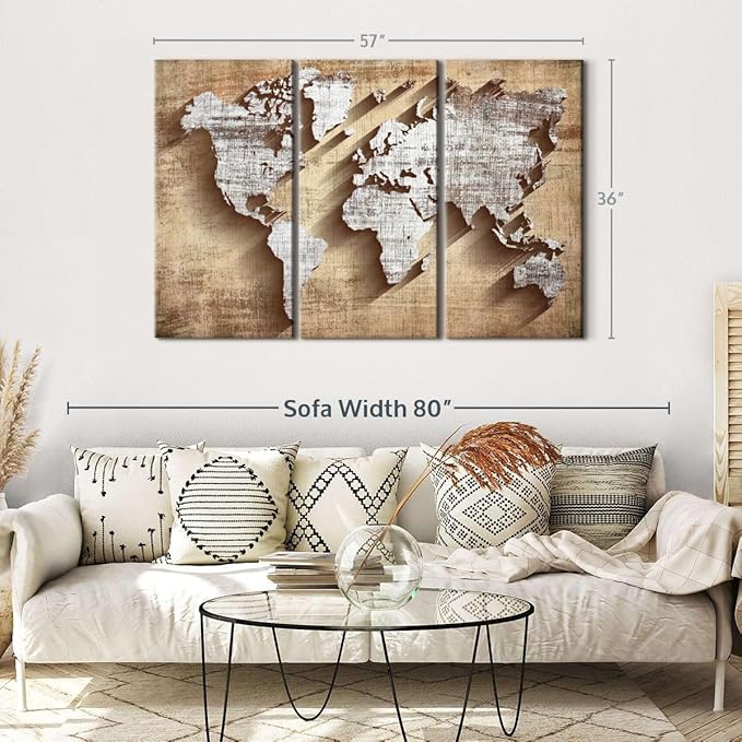 ElephantStock Dimensional World Map II Multi Piece Canvas - 3 Piece Canvas World Map Wall Decor - Wall Decor - Ready-to-Hang Print - Vintage Wall Art - 57" X 36"