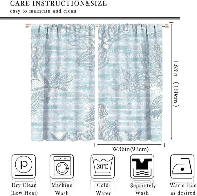 Starfish Curtains，Starfish and Seashells Coastal Curtain Ocean Themed Underwater Marine Decor Waterproof Fabric Curtain Set 2 Panels,72x63 Inches