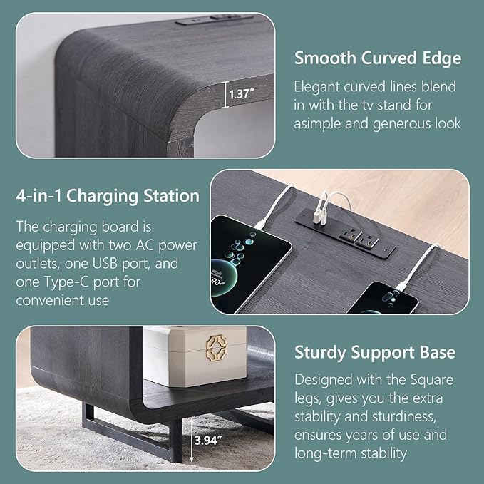 23.6" Modern End Table, 2 Tier Side Table with Charging Station, Simple Bedside Table with Open Storage Shelf, Outlet, Wooden Nightstand for Bedroom, Living Room, Study, Easy Assembly, Dark Grey