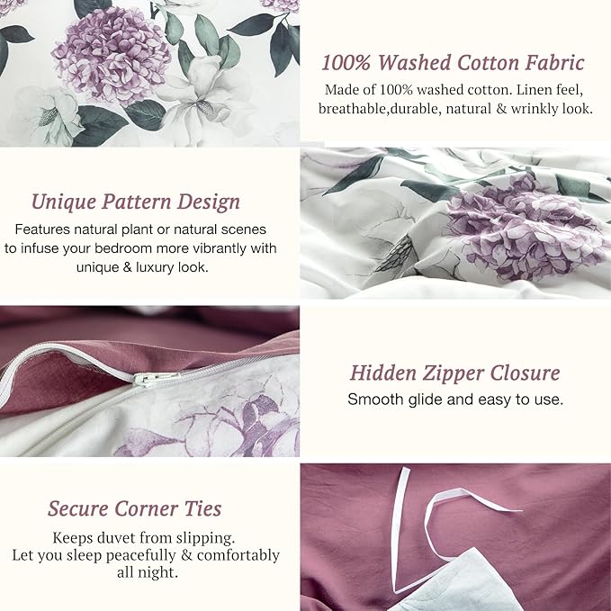 MILDLY 100% Washed Cotton Duvet Cover - Hydrangea Floral Comforter Cover Set Botanical Flower Pattern Bedding Set with Zipper Closure 4 Ties King Size
