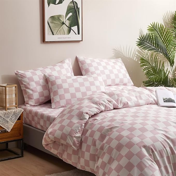 Houseri White Pink Plaid Duvet Cover King Light Pink Checkerboard Bedding Duvet Cover Set Women Elegant Baby Pink Buffalo Checkered Bedding Set King Comfy Pale Pink Grid Gingham Duvet Covers King Size