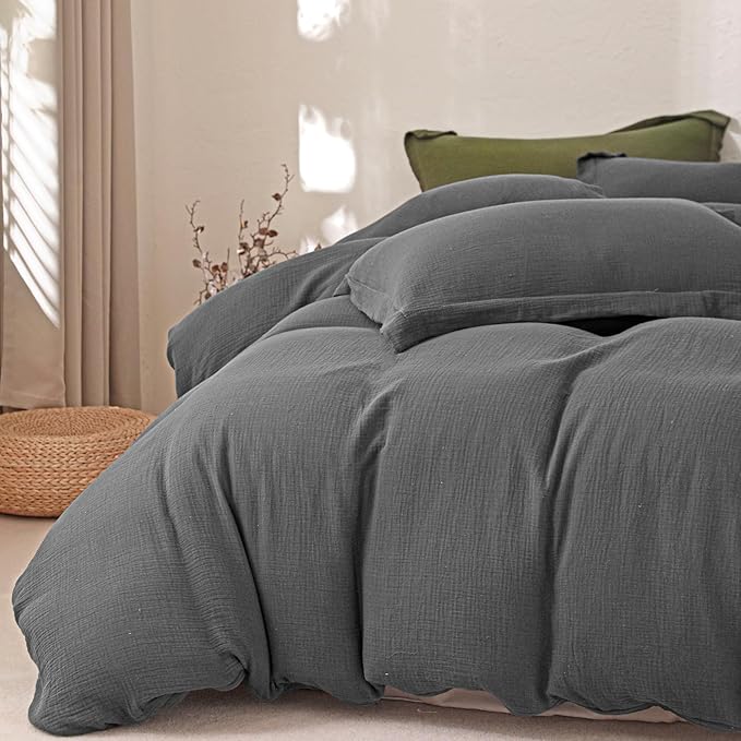 MorroMorn Muslin Duvet Cover King Size, Ultra Soft 100% Cotton Comforter Cover Set, 3 Pieces 2-Layer Gauze Duvet Cover with 2 Pillowcases, Breathable Lightweight Linen Like, 90"x104", Dark Grey