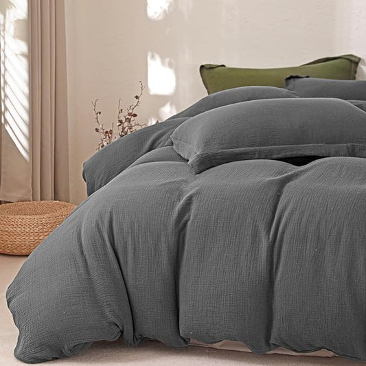 MorroMorn Muslin Duvet Cover Twin Size, 100% Breathable Cotton 2-Layer Gauze Comforter Cover Set 3 Pieces with 2 Pillowcases Zipper Closure & Corner Ties, Ultra Soft Linen Like, 68"x90", Dark Grey