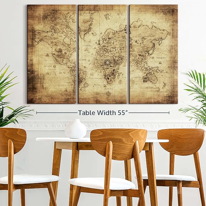 ElephantStock Ancient World Map Wall Art Multi Piece Canvas - 3 Piece Canvas World Map Wall Decor - Wall Decor - Ready-to-Hang Print - Vintage Wall Art - 57" X 36"