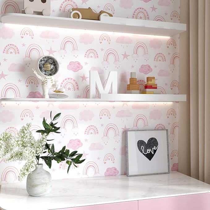 CHIHUT 17.7”x236” Boho Wallpaper Peel and Stick Pink Cloud Star Rainbow Wallpaper for Kids Room Nursery Decorative Cute Kids Wall Paper Roll Waterproof Self Adhesive Vinyl Rainbow Wall Mural