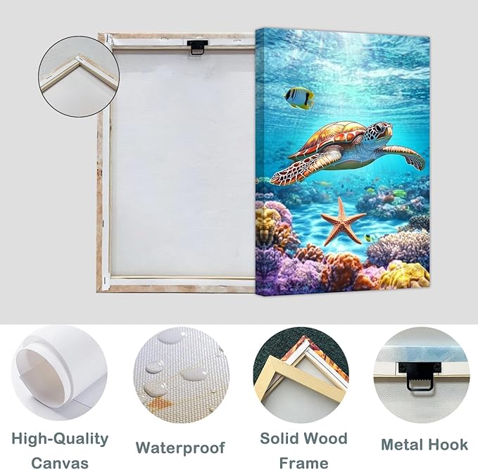 AWPANERAR Sea Turtle Wall Art Bathroom Pictures Watercolor Sea Life Canvas Prints Ocean Animal Poster Nautical Theme Artwork for Kids Room Nursery Decor Framed (Green, (42L x 28W))