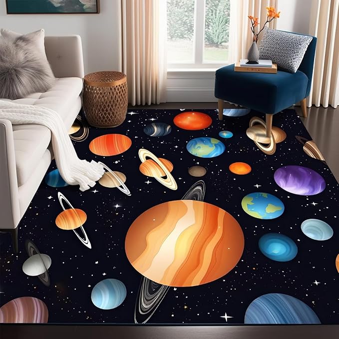 6' x 9' Space Rug for Kids Bedroom Cartoon Planet Stars Rugs Galaxy Carpet Printed Throw Rugs for Boys Children Living Room,180x275cm