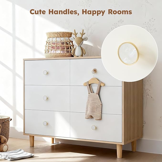 White Dresser for Bedroom, 6 Drawer Dressers with Solid Wood Legs, Baby Dresser for Kids, Storage for Clothes and Baby Essentials