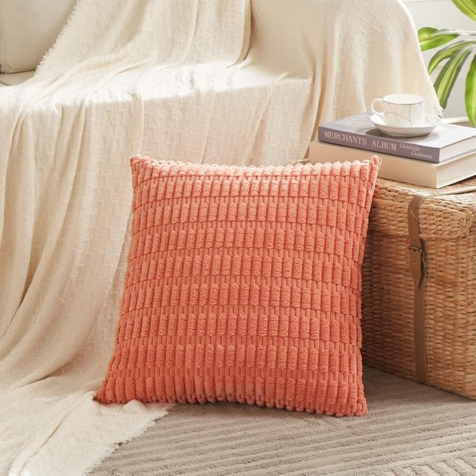 Fancy Homi 2 Packs Coral Decorative Throw Pillow Covers 18x18 Inch for Living Room Couch Bed Sofa, Soft Corduroy Square Cushion Case 45x45 cm, Rustic Modern Farmhouse Boho Home Decor