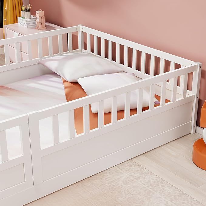 KEIKI Full Kids Floor Bed, Montessori Kids Floor Bedframe with Fence & Door, Children's Wood Bed for Living Room, White
