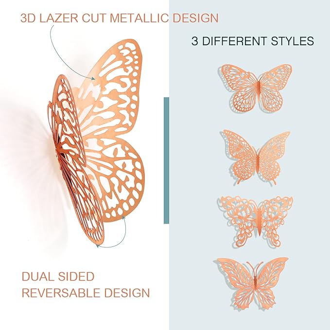 3D Gold Butterfly Wall Decor 3 Sizes 4 Styles Butterfly Party Decorations Cake Decorations Removable Stickers Wall Decor Room Mural Metallic Kids (Rose Gold, 48Pcs)