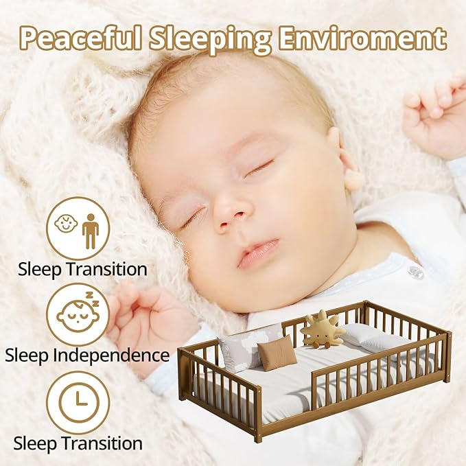 LLS Twin Floor Bed for Kids Toddlers, Solid Wood Multifunctional Montessori Bed Frame with Safety Guardrails, Without Door, Easy Assemble,Light Espresso