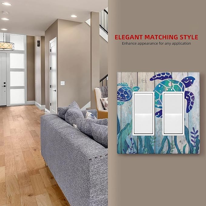 Sea Turtle Grass Seaweed on Rustic Wooden Board 2 Gang Double Rocker/Decora Light Switch Cover Decorative Wallplate Ocean Grass Seaweed Gfci Electrical Faceplate Home Bedroom Art Decor