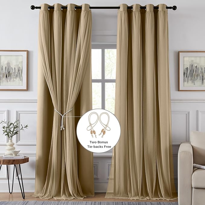 100% Blackout Curtains for Bedroom, Double Layer Khaki Curtains, Black Out Curtain 84 inch Long with Sheer Overlay for Living Room, Room Darkening Window Drapes with Grommet, 52" W x 84" L