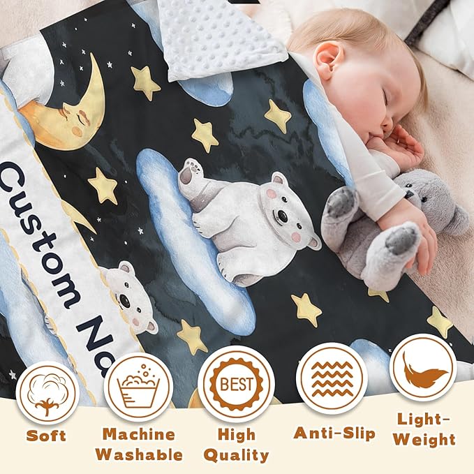 Custom Baby Blanket with Name, Double Layer Soft Dot Back Personalized Baby Blanket for Boys Girls, Polar Bear Blanket for Newborn Toddler, Customized Swaddle for Kids Birthday Gifts(47" x60)
