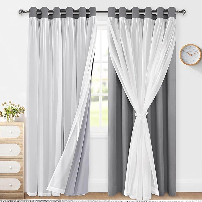 XWZO 100% Blackout Double Layer Curtains, Blackout Curtains with Sheer Overlay for Living Room, Children's Room, Grommet Thermal Insulated Privacy Curtains with Tiebacks, 2 Panels, 70x84, Grey