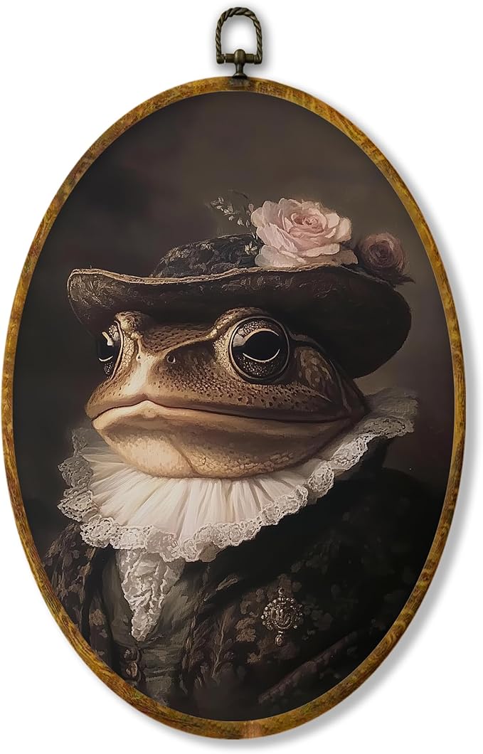 Hiuwevt Frog Oval Wall Art Decor, Vintage Dark Moody Academia Floral Miss Toad Framed Canvas Prints, Rustic Cottagecore Frog Round Wall Hanging Decor for Bedroom Home Decorations, 8.6x11.4 Inches