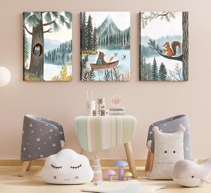 Woodland Animal Canvas Wall Art Set of 3 Bear Owl & Squirrel Posters Prints Adventure Theme Nursery pictures Wall Decor for Kids Bedroom or Playroom Ready to Hang (16x24in canvas)