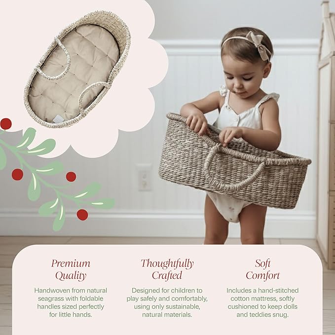 BEBE BASK Premium Baby Doll Bassinet - Handcrafted & Award-Winning Seagrass Moses Basket - Doll Carrier with Luxe Mattress