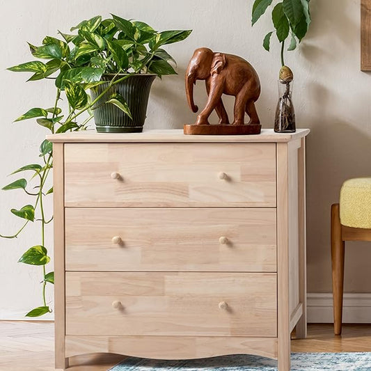 VINGLI Unfinished Solid Wood Dresser Color DIY, 3 Drawer Dresser for Bedroom, Natural Rubber Wood Chest of Drawers, Baby Dressers for Bedroom, Nursery, 17.7" D x 31.5" W x 29.9" H